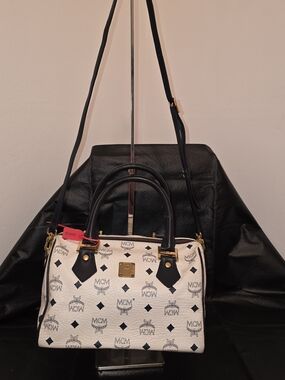 MCM White & Blue Visetos Boston Bag with Gold Hardware